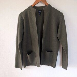 Eileen Fisher Merino Wool Jacket XS Olive Green Minimalist Open Front Cardigan